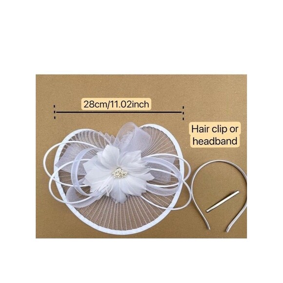 Stylish Costume Hat Flower Mesh Ribbons Feathers on a Headband and a Clip - Rose - Picture 5 of 5